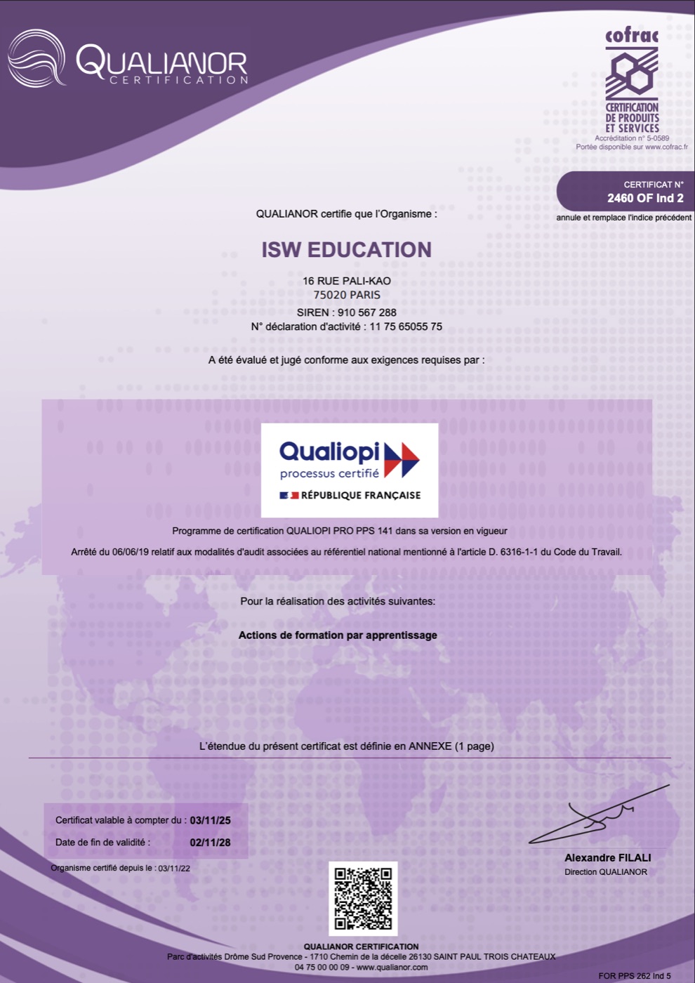 Certificat Qualiopi ISW Éducation